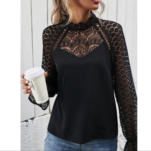 Black Guipure Lace Insert Top - Picture 3 of 13